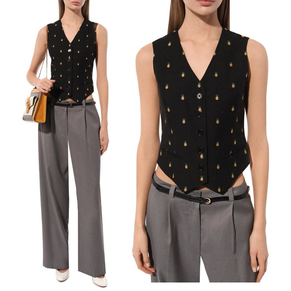 GUCCI VEST BLACK WOOL COTTON BLEND PINAPPLE PRINT TOP sz IT 38 US 2